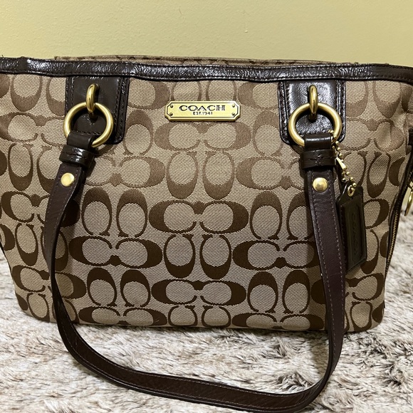Coach Handbags - SOLD - Coach Gallery Signature Zip Khaki Mahogany Tote